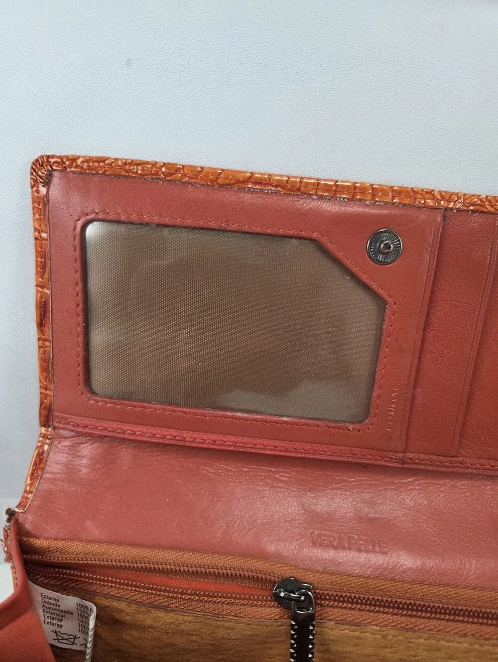 Vera Pelle Burnt Orange Croc Embossed Leather Kiss Lock Wallet